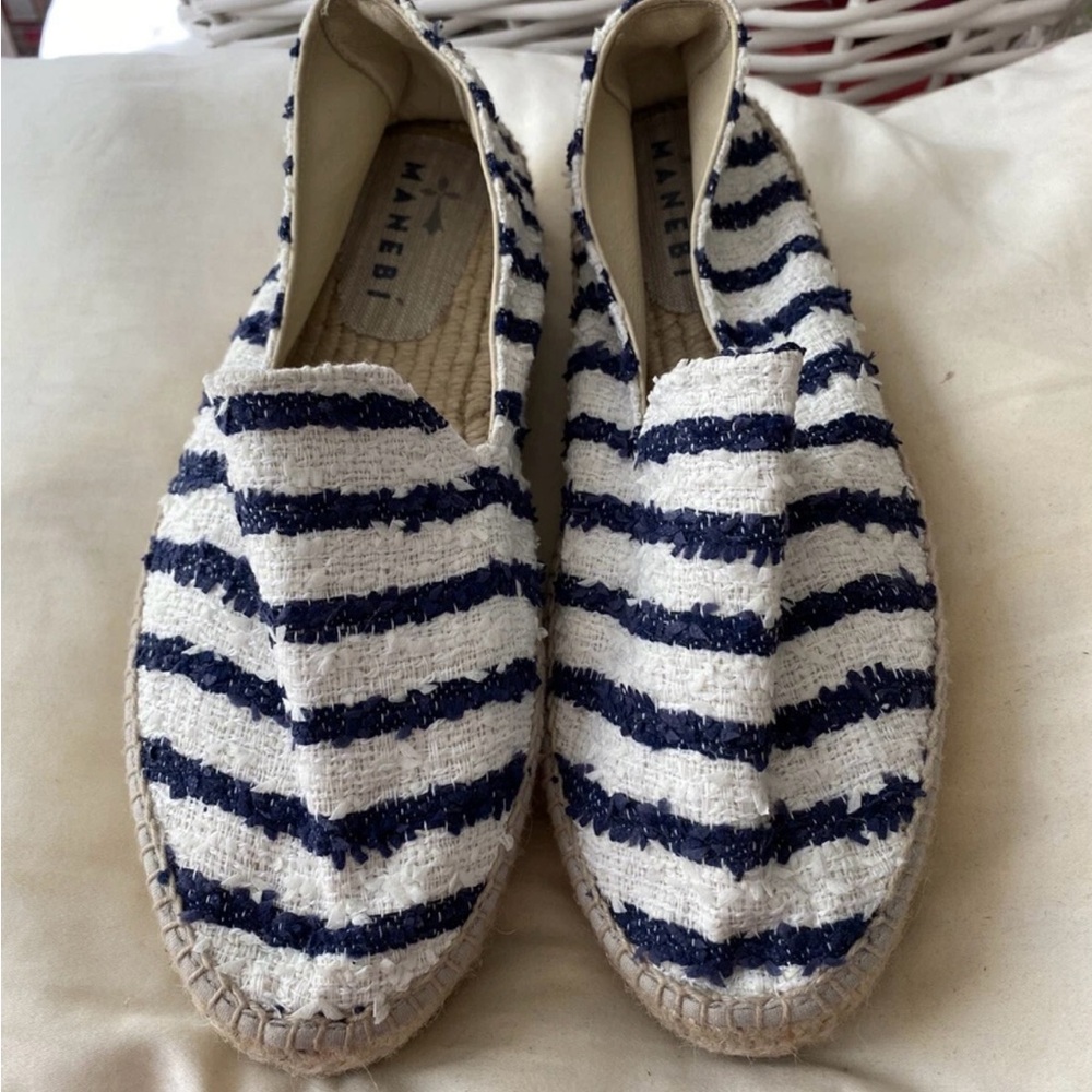 Women's MANEBI Hamptons Espadrilles NEW Blue White Stripe Platforms  Size 41